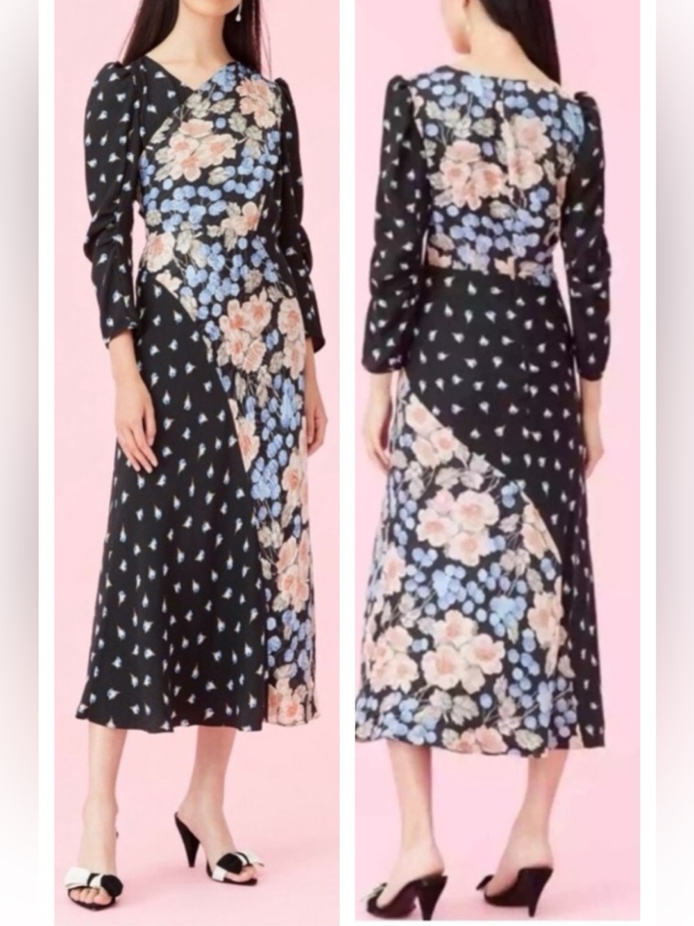 Rebecca Taylor Silk Blend Mixed Print Floral Long Sleeve Dress